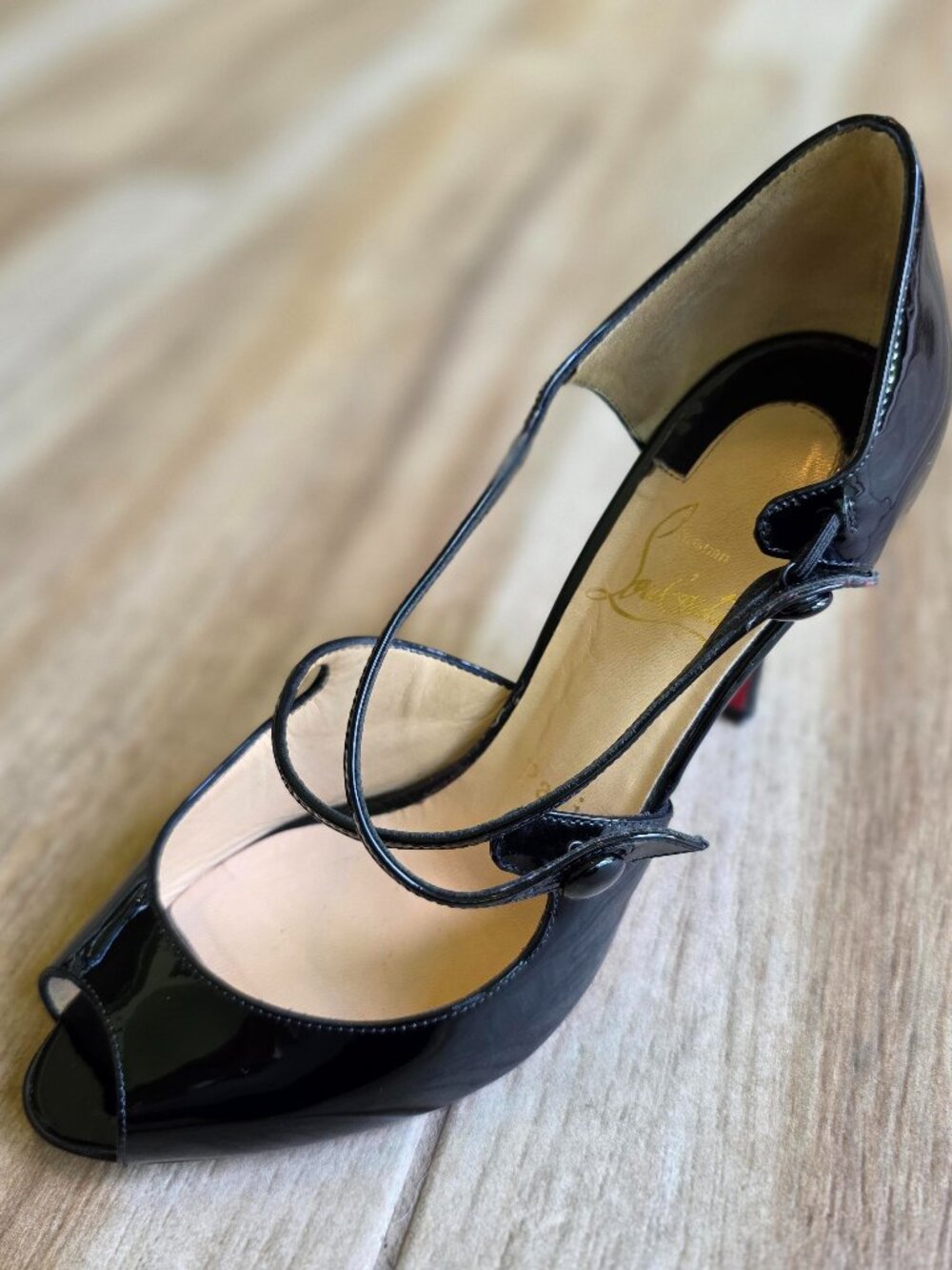 Christian Louboutin Debriditoe 85 Black Patent Leather Strappy Shoe Eur. 35